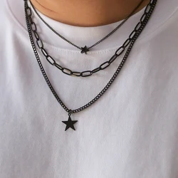 Lacteo Trendy Star Charm Necklace for Men Multilayer Pendant Choker Hip Hop Neck Chain Jewelry Rock Collar Street Daily New