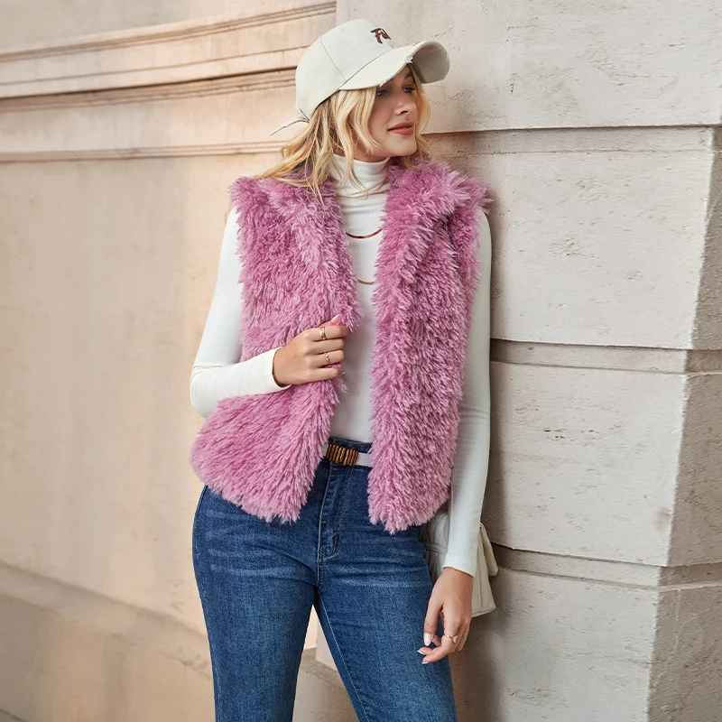 Damska pluszowa kamizelka/płaszcz na jesień i zimę, nowa, jednolita, bez rękawów, z kołnierzykiem, otwartym szwem, modna, odmładzająca, futrzana.