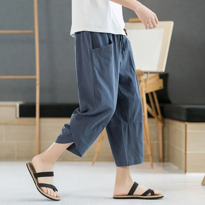 

2023 Summer Men Chinese Style Cotton Linen Harem Pants Men Streetwear Breathable Beach Pants Male Casual Calf-Lenght Trousers