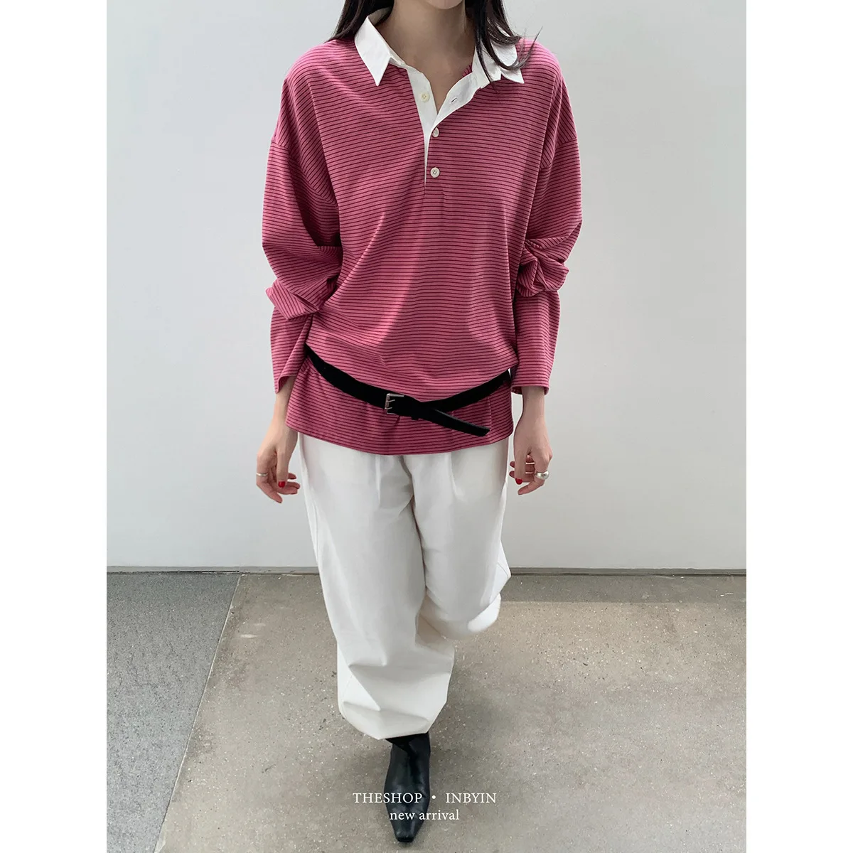

Color-block Turn-down Collar Top For Women Autumn Loose Long Sleeve T-shirt