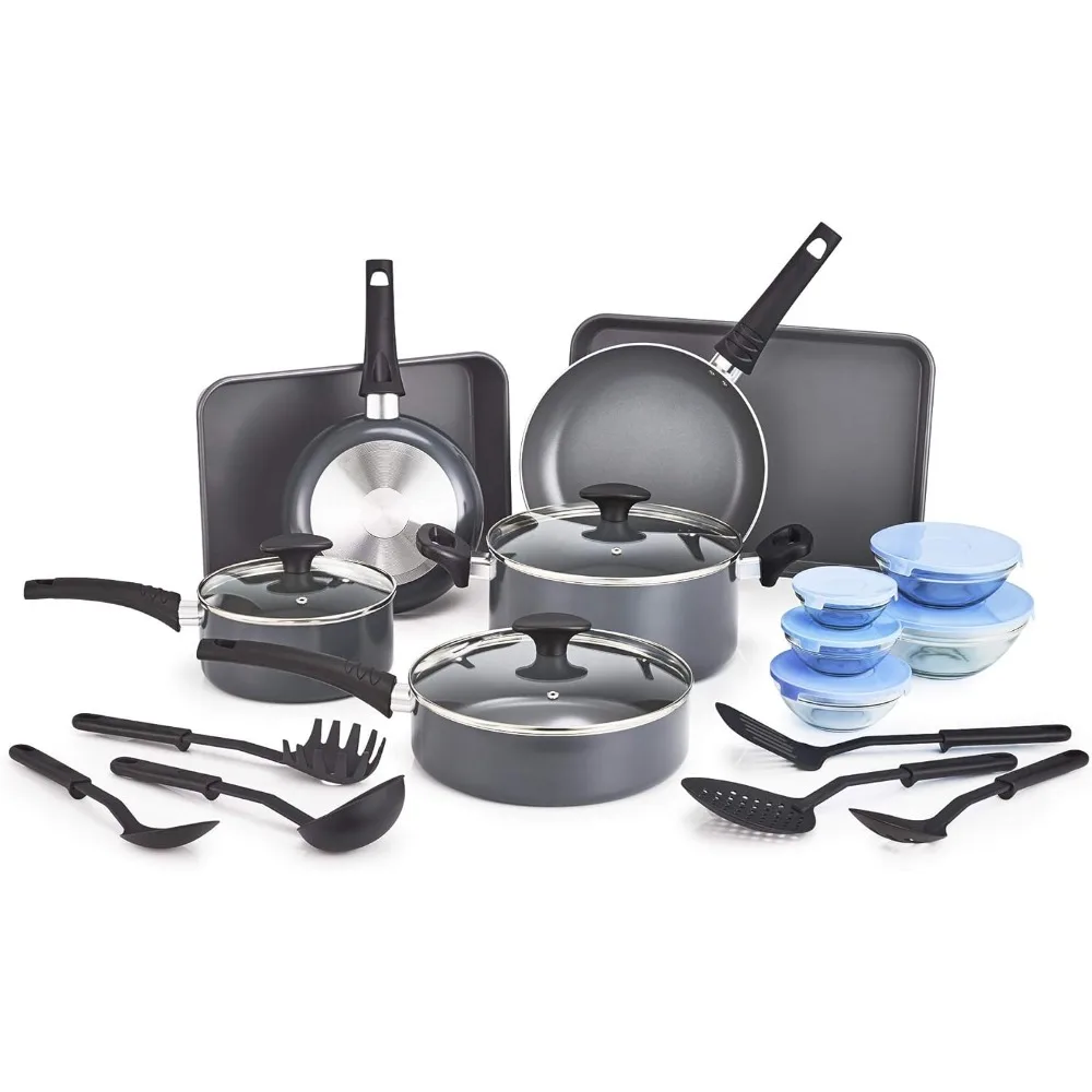 

Nonstick Cookware Set with Glass Lids - Aluminum Bakeware, Pots and Pans, Storage Bowls & Utensils, 21 Piece, Black