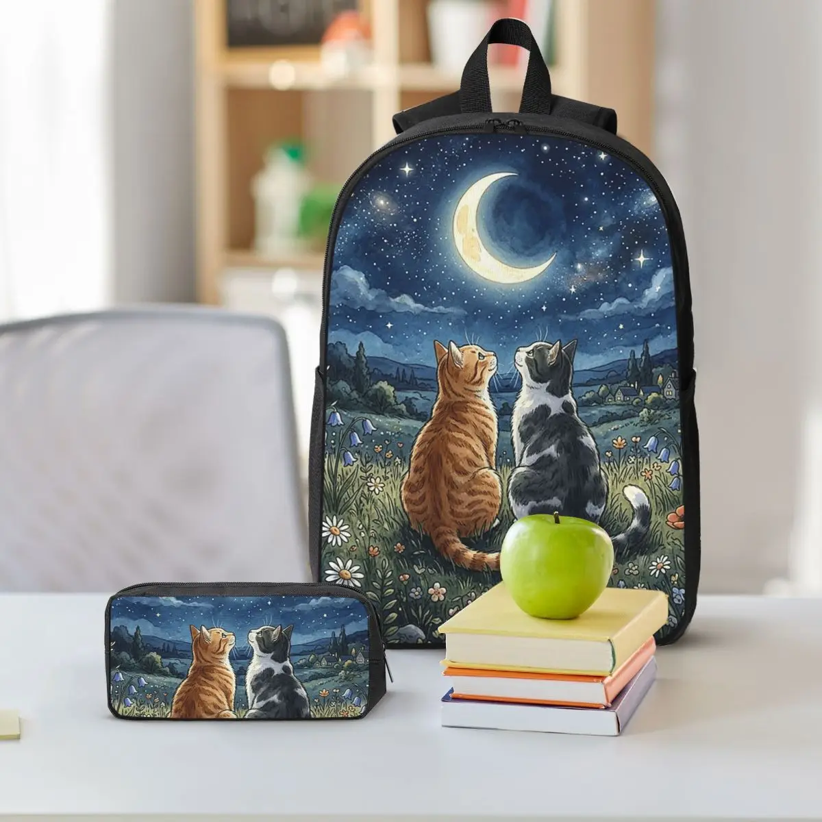 Starry Night Cats Artistic Backpack Student BookBag School Bag Shoulder Bags 3ps Insulated Lunch Bag Pencil Case