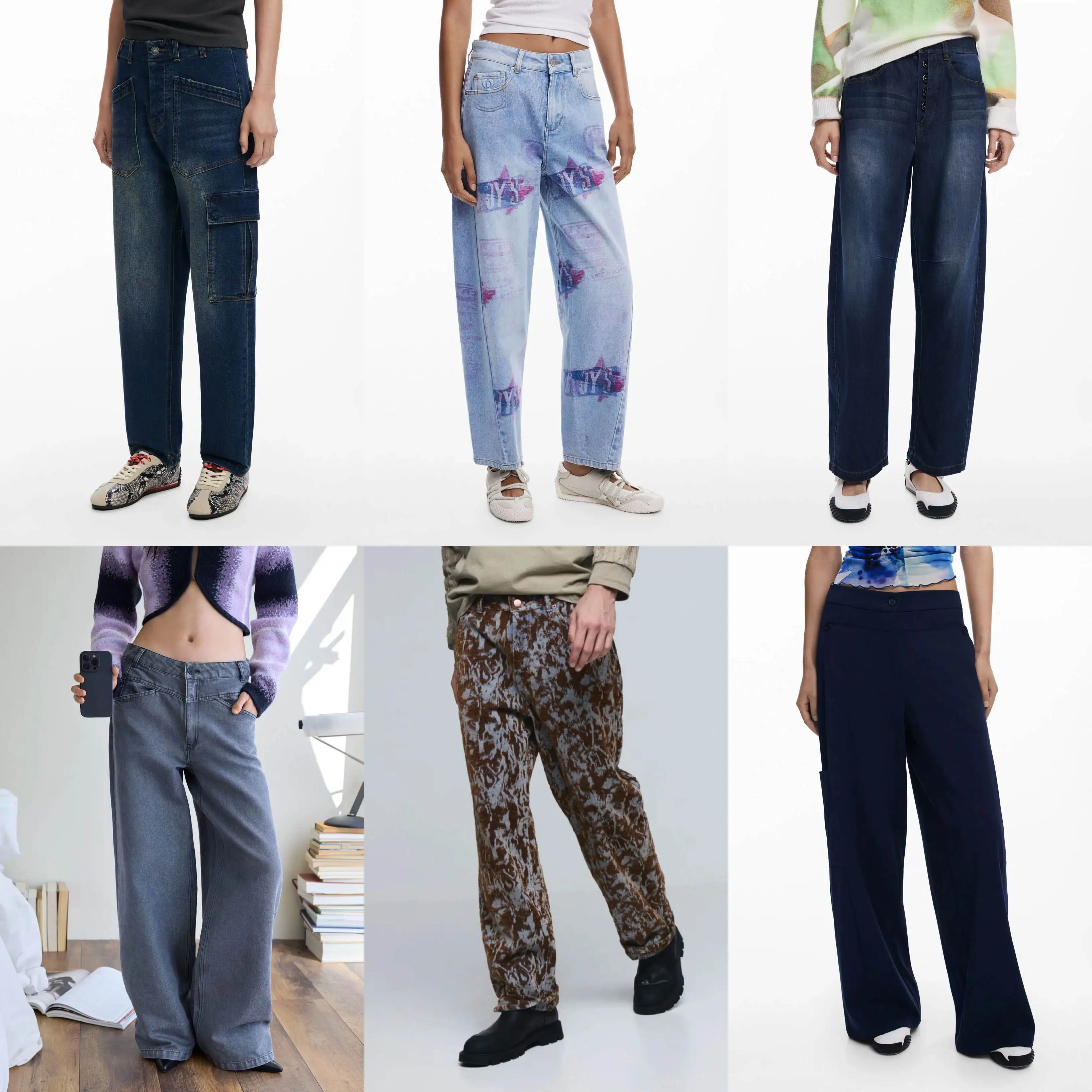 Jean décontracté élastique ancien délavé au sable unique, original européen et américain, avec design imprimé ample, nouveau style
