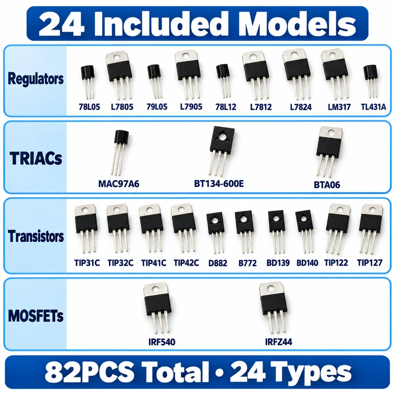 82PCS 24 Types Voltage Regulator Transistor MOSFET TRIAC Assortment Kit 78L05 L7805 LM317 TIP122 IRF540 Through Hole Box