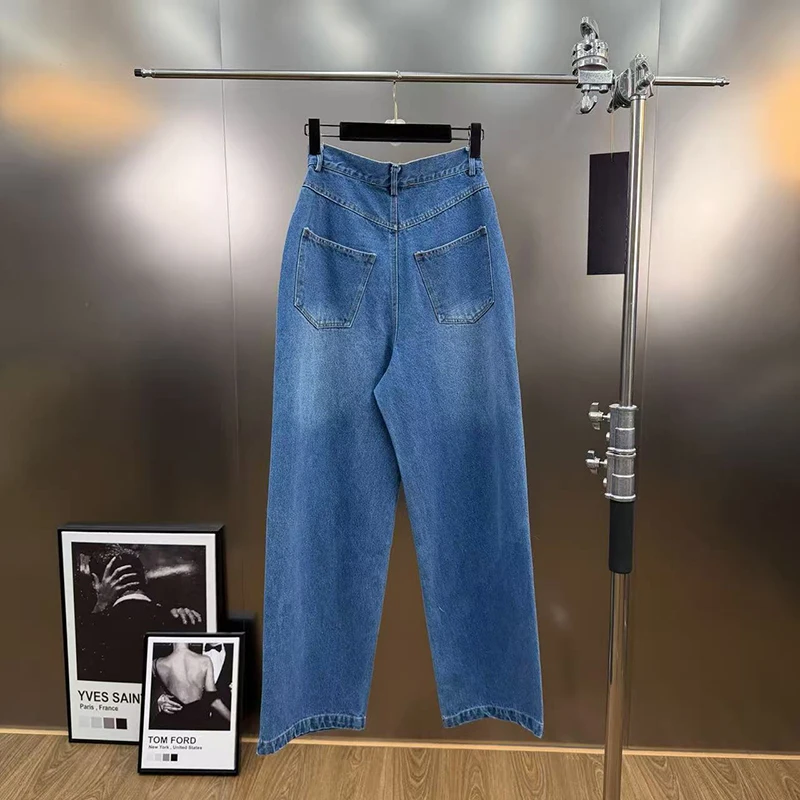 KBQ pantaloni causali larghi con diamanti impiombati solidi per donna a vita alta versatili jeans a gamba larga moda femminile stile invernale