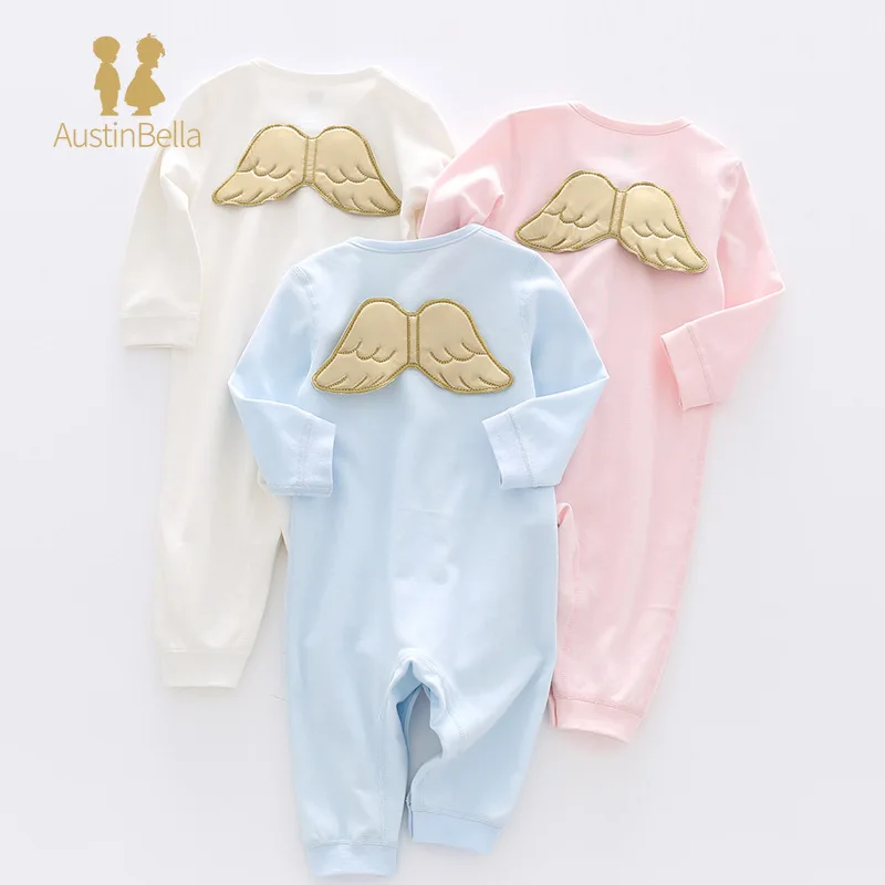 Spring Autumn Baby Romper Baby Girl Boy Clothes Round Collar Long Sleeves Blue White Pink Angel Wing Jumpsuit Newborn Clothes