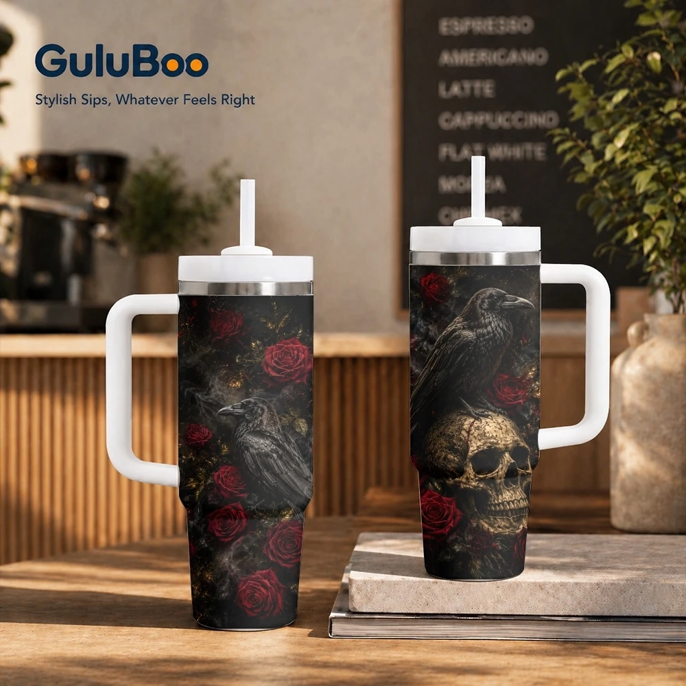 Gothic Raven Skull Red Roses Vacuum Flasks 40oz Stainless Steel Insulated Tumbler With Handle & Straw Leakproof Travel Mug