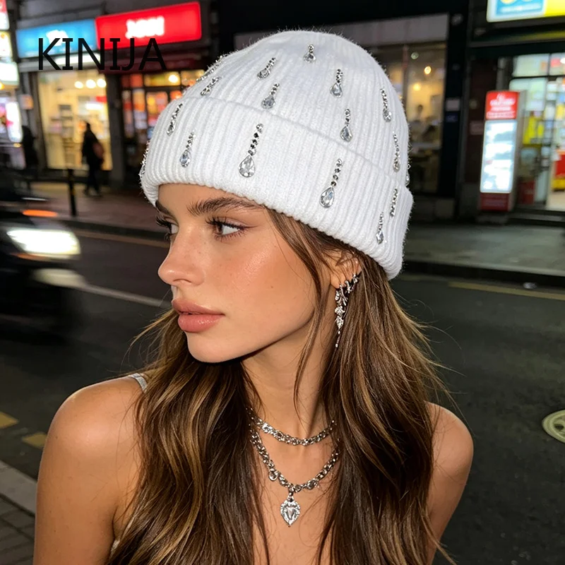 Winter Knitted Beanie Hat  Women Fashion Rhinestone Knitting Hats Ladies Casual Skullies Cap Headwear Warm Bonnet
