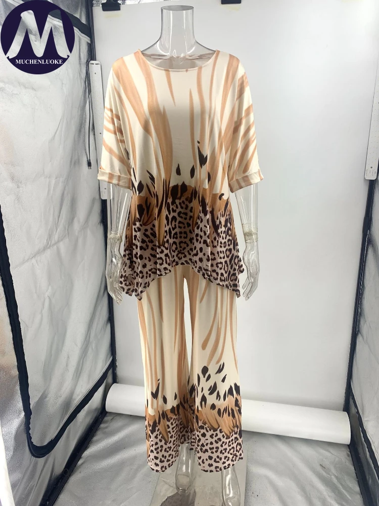 2 peças conjunto para mulher verão novo elegante impresso mangas compridas o pescoço topos ternos moda casual solto calças de perna larga conjuntos