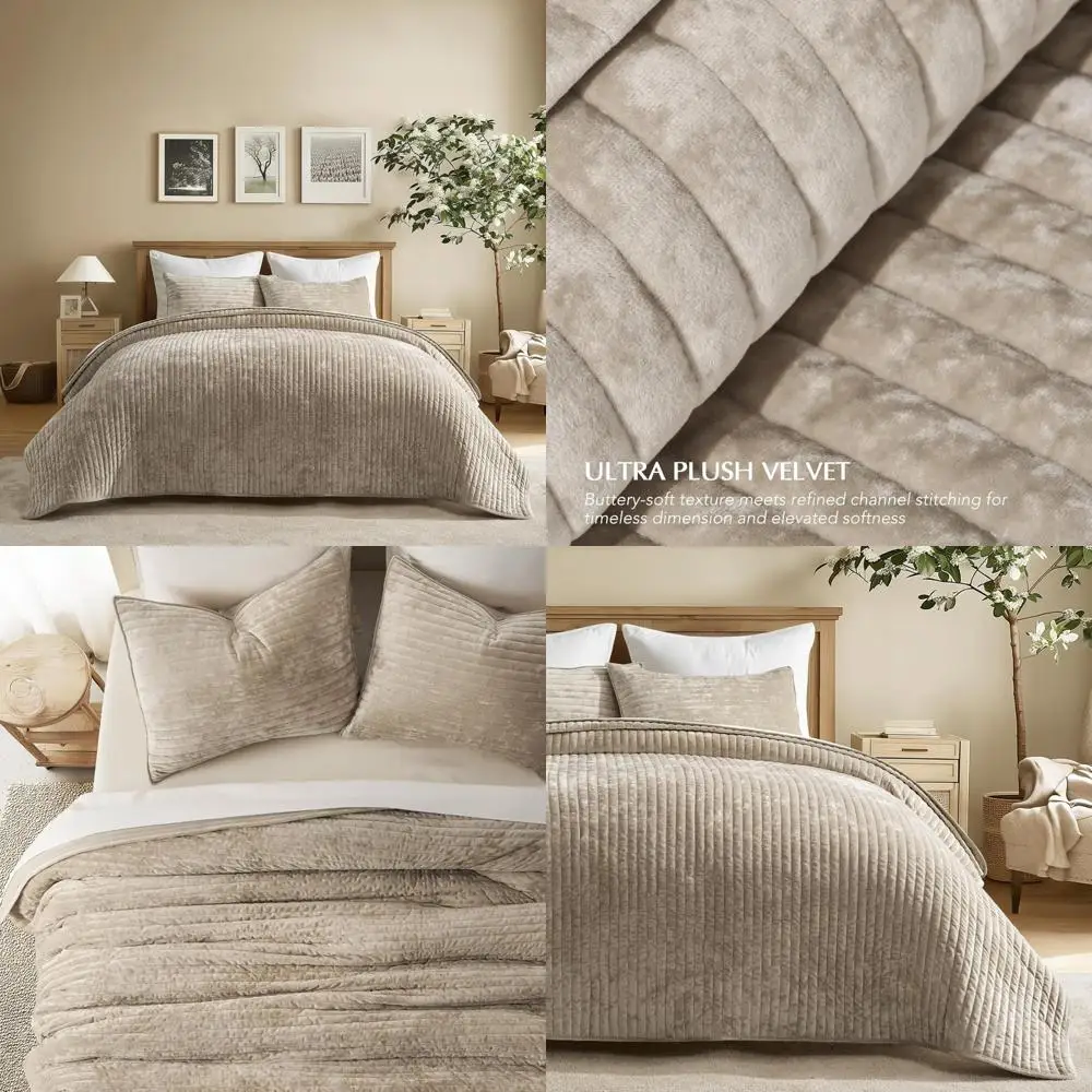 

Queen Size EVERGRACE Velvet Quilt Set - Luxurious Striped Channel Bedding, Soft Lightweight Comforter for All Seasons