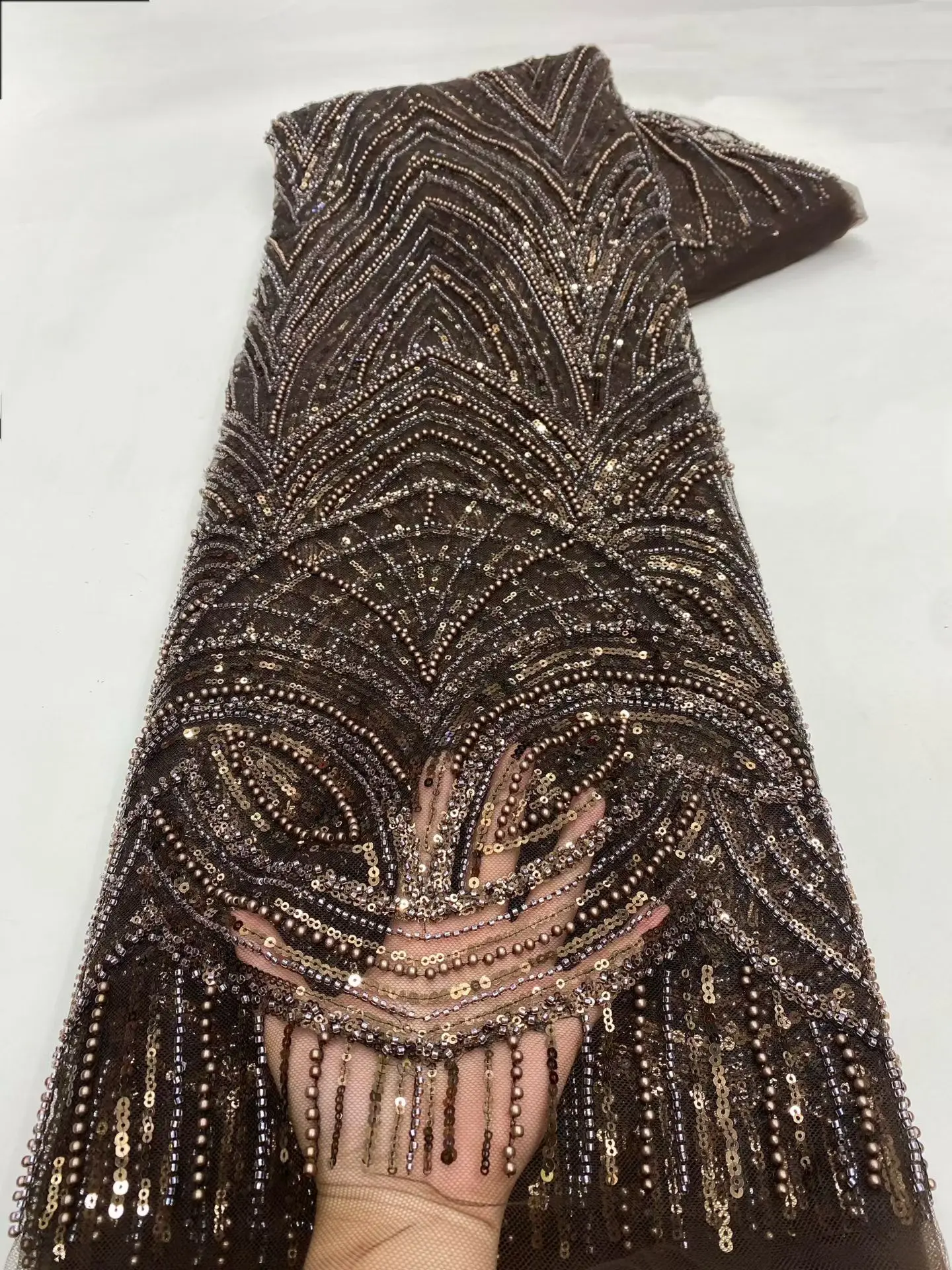 Luxury Red African Beaded Mesh Lace Fabric Embroidery Sequins French Tulle Lace For Nigerian Wedding Party Dress 5 Yards view 2