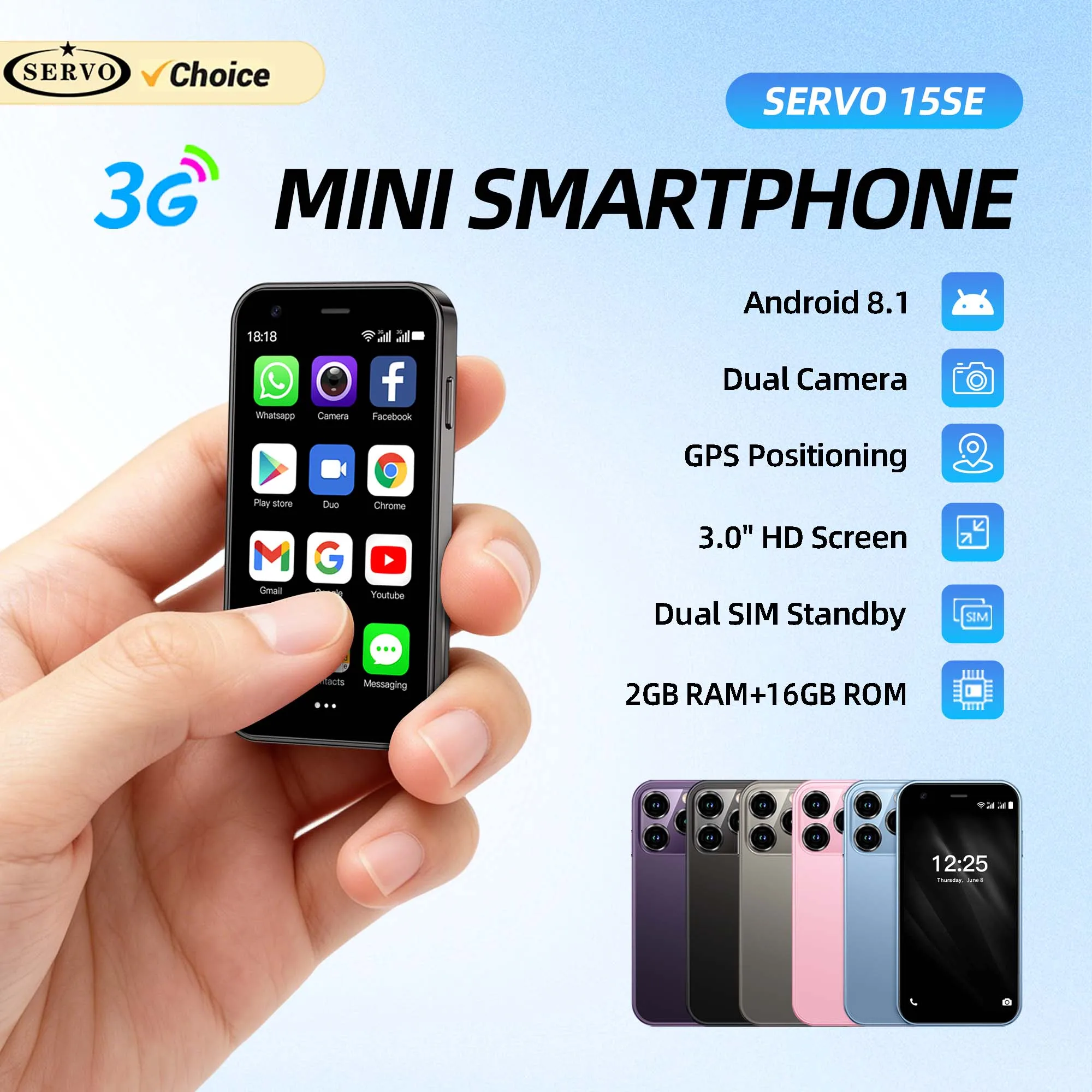 SERVO 15SE Ultra Mini Palm Smartphone 3G WCDMA Android Dual SIM WiFi Hotspot GPS Play Store 16GB ROM 3.0