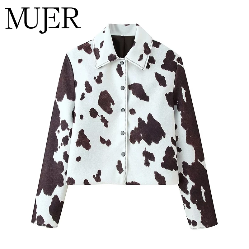

MUJER Print Woolen Women's Jacket Cropped Demi-season Jackets for Women Long Sleeve Overcoat Female Outerwears Women's Coats