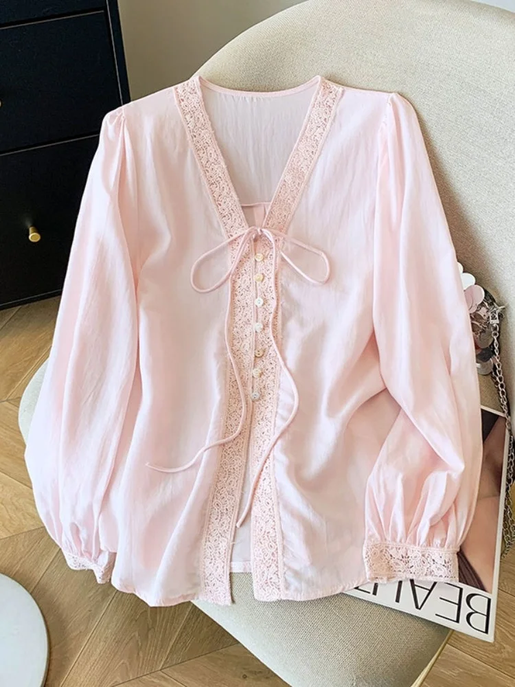 

Pink Gentle Style Lace Knot V-neck Women's Casual Comfortable Loose Shirt Spring Summer New Arrival Top