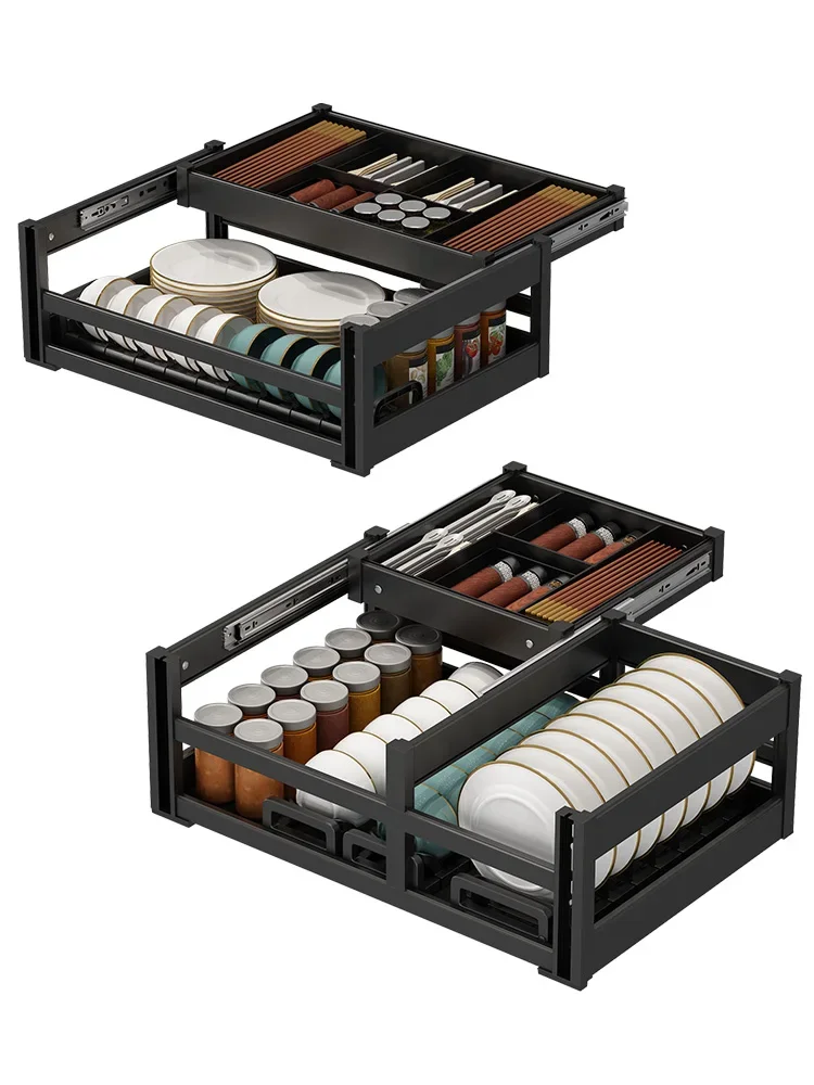 

Kitchen cabinets, baskets, drawers, double layer bowls, plates, storage racks, pots, seasonings, aluminum alloy materials