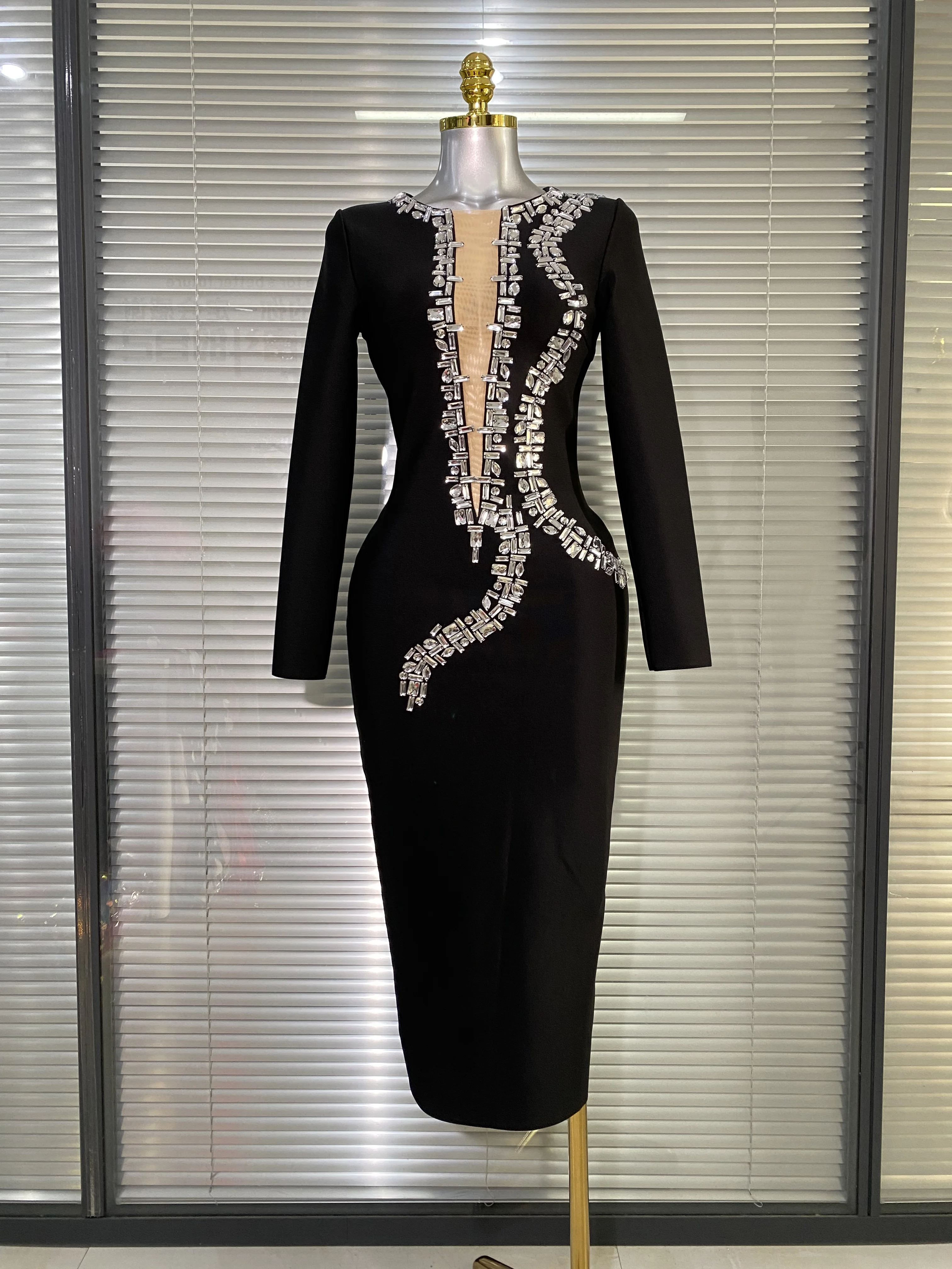 Luksusowa, błyszcząca sukienka maxi z długim rękawem, zdobiona diamentami, seksowna, patchworkowa, bandażowa, w stylu gwiazd, idealna na urodziny, imprezę, studniówkę, vestido.