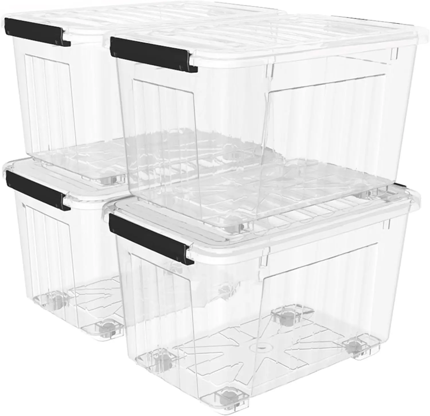 

85Qt*4 Plastic Storage Bins, Clear Lidded Storage Box with Wheels, Stackable, 85Quart, Set of 4