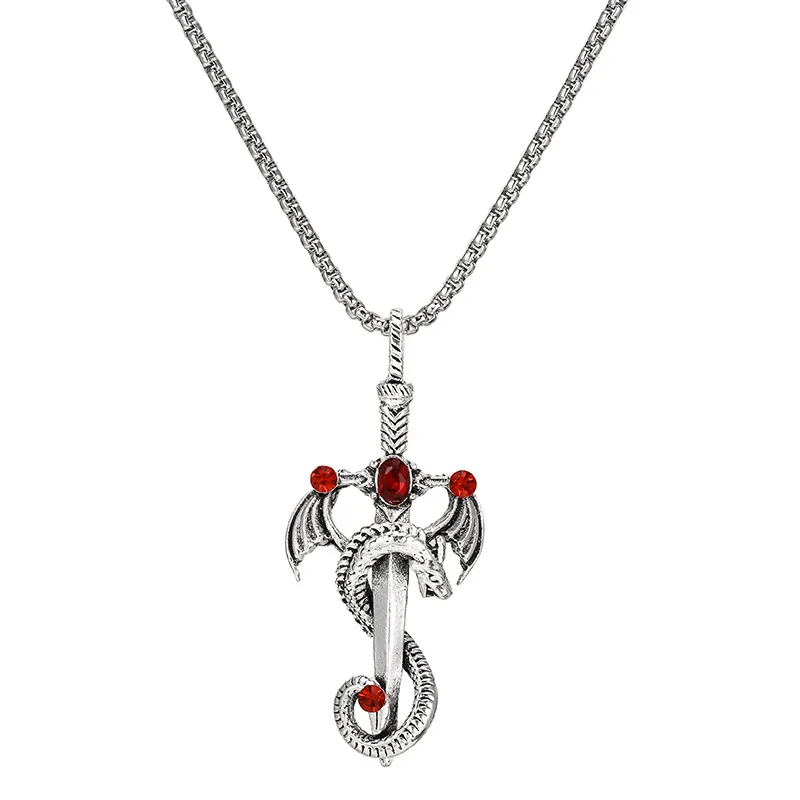 Personality Goth Punk Ajatar Cross Sword Pendant Necklace Dragon Chain Neck for Men Women Party Jewelry Accessories