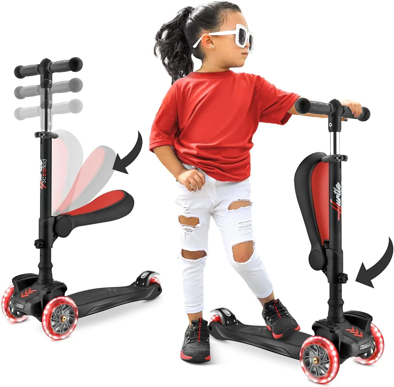 

3-Wheeled Scooter for Kids - Wheel LED Lights, Adjustable Lean-to-Steer Handlebar, and Foldable Seat - Sit or Stand Ride