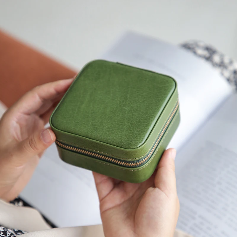 designer handmade genuine leather women's small jewelry box vintage real cow leather female ring earrings necklace storage box