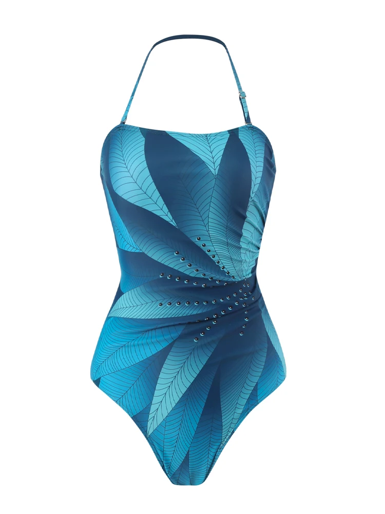 Elegant Blue Leaf Printed One Piece Swimsuit Woman 2024 Fashion High Waisted Hanging Neck Swimwear French Covered Belly Bikini