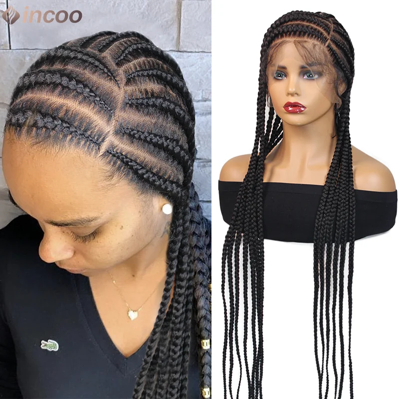 

36-дюймовый Cornrow Box, плетеные парики, синтетическая боковая часть, полный парик с кружевными передними косами для чернокожих женщин, плетение волос без узлов