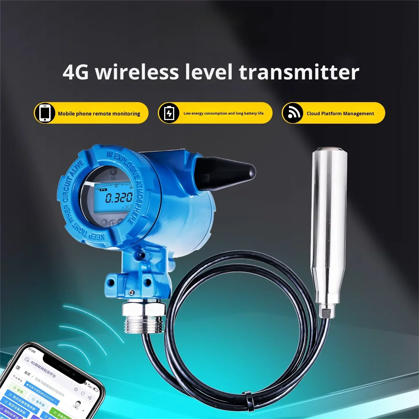 Wireless LoraWAN Lithium Battery Water Level Controller Mobile Phone Monitorable Remote Alarm Level Meter Transmitter