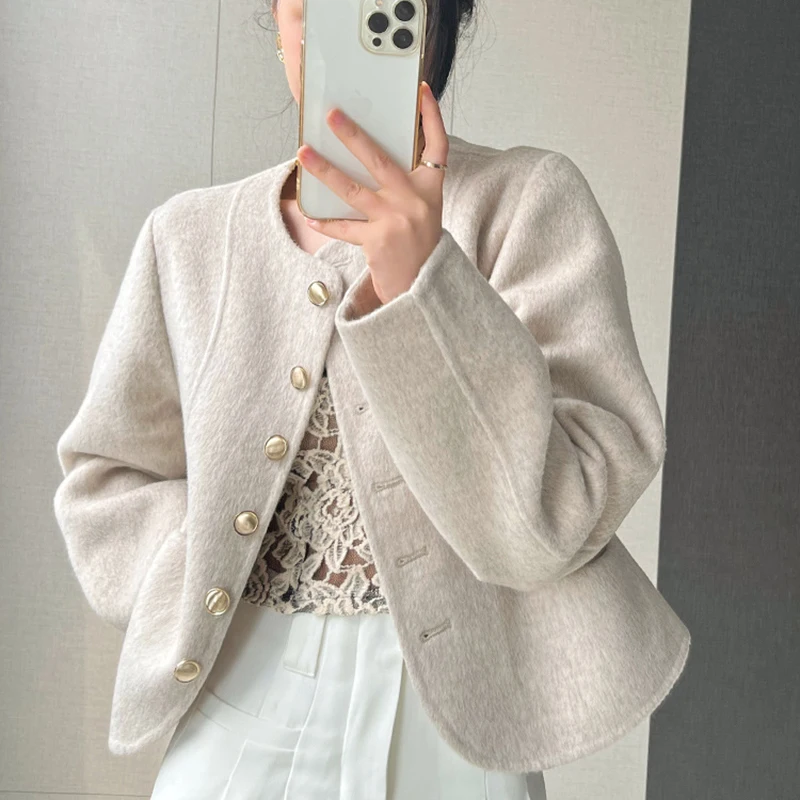 Double-Faced Cashmere Coat Spring Autumn Women Round Neck Single-Breasted Korean Fashion Pink/Off-White/Gray Short Wool Jacket