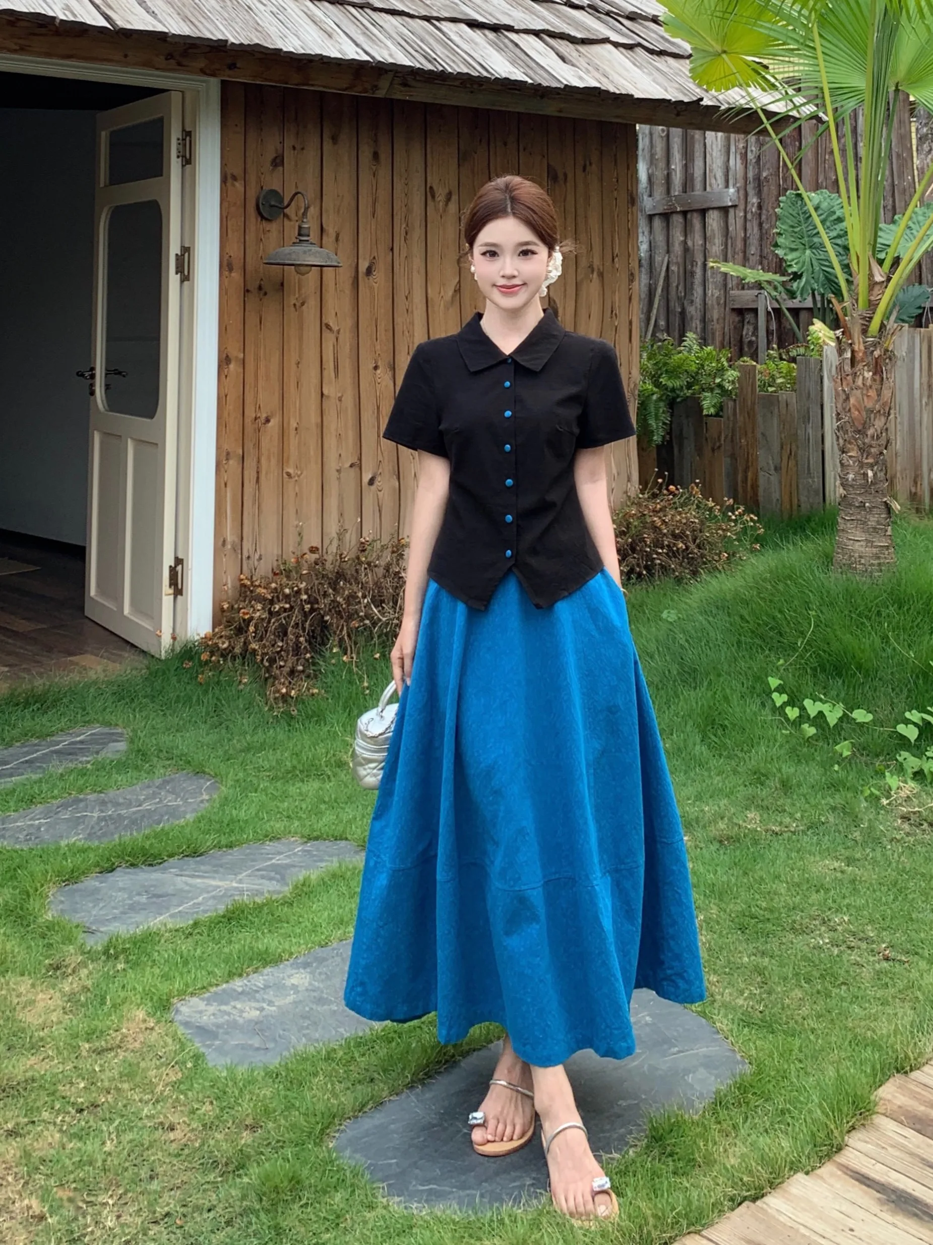 

plus Size Fashionable Set Summer New Design Collar Short Sleeve Embroidery Patterned Skirt Korean Style Loose Fit High W...