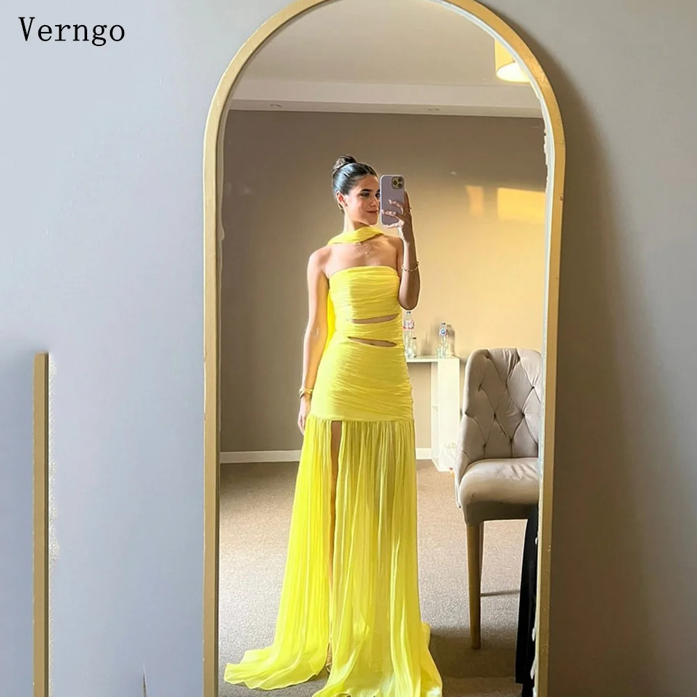 Verngo Light Yellow Chiffon Evening Dress Strapless A Line Sexy Prom Gowns WomenCut Out Formal Prom Party Dresses