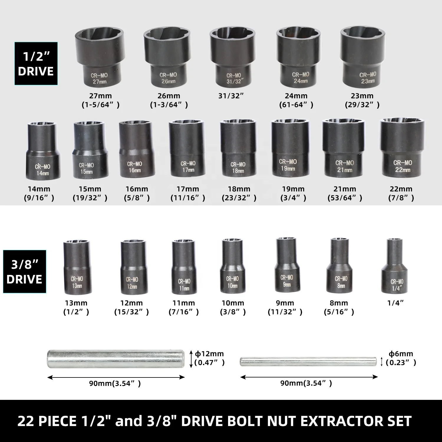 22-piece twisted broken bolt and nut puller sets 1/2