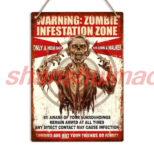 WARNING ZOMBIE INFESTATION Retro Metal Sign Door Plaque Man Cave Bar Gamer Gift SHANSUI