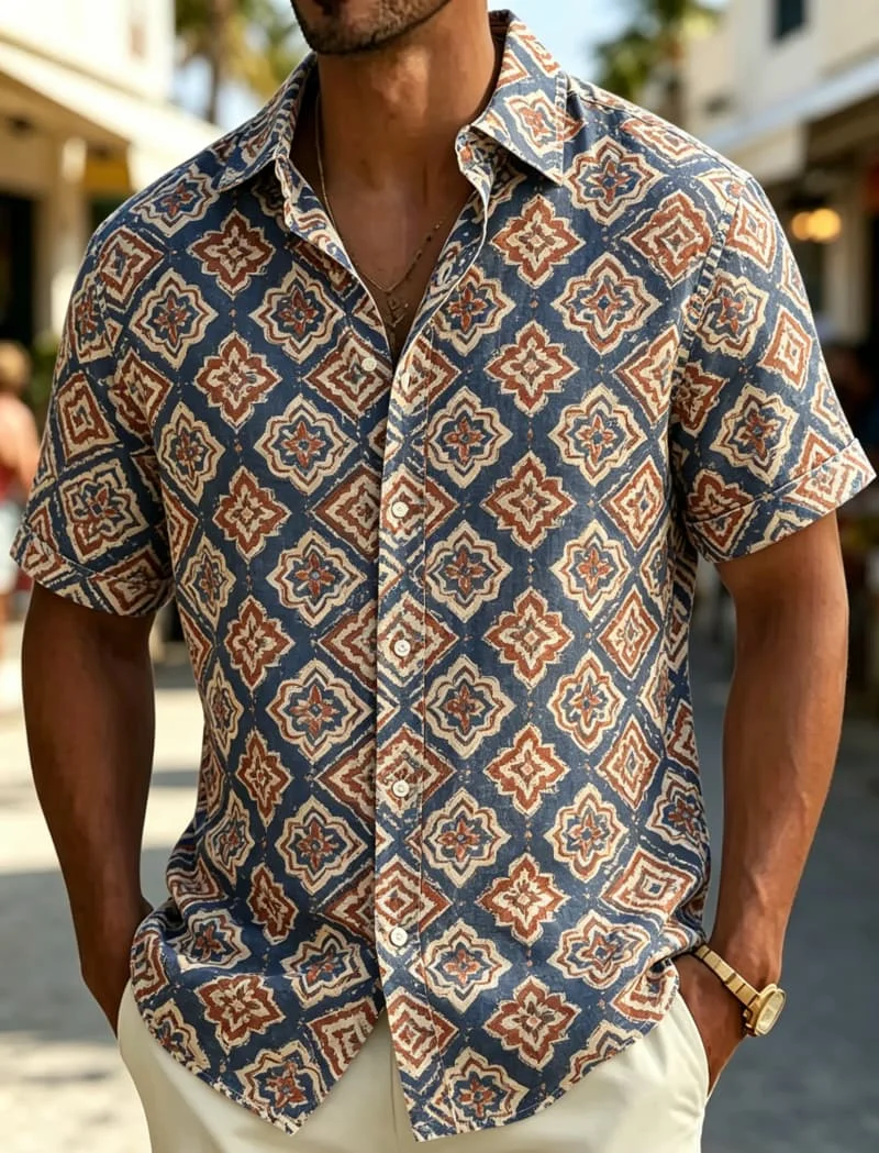 Exotic Bohemian Printed Short Sleeved Shirt, Men's Casual Top, vintage Vacation Style Shirt, Personalized Streetwear