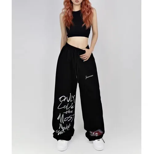 Imagen 2 del producto Pantalones de chándal con diseño de cordón en blanco y negro para mujer, pantalones de pierna ancha de estilo Hip-hop, pantalones largos que combinan con todo, novedad de verano