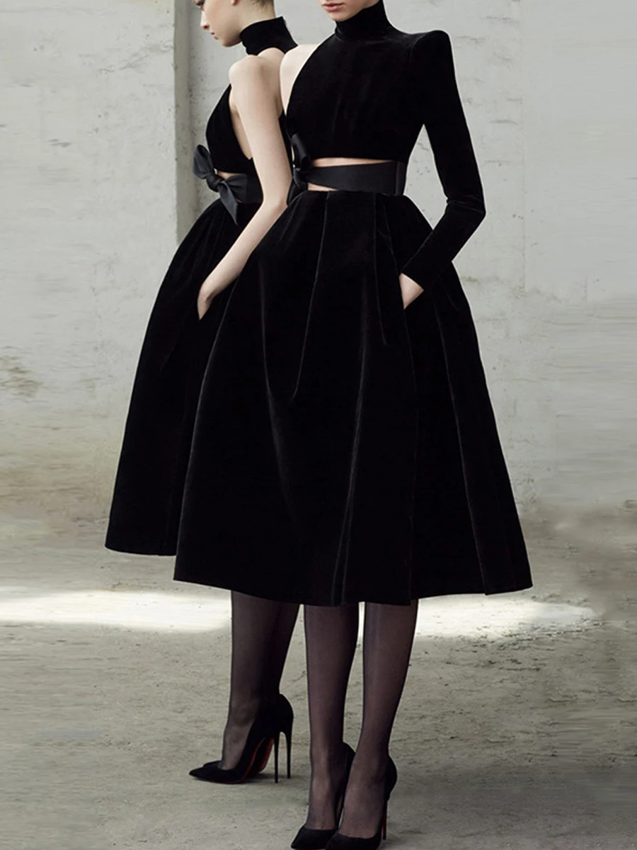 

Ele Velvet Hebe Sle Slimming Bla Dr Evening Par Host Gown High Ne Hanging oulder A-Line Midi Dr