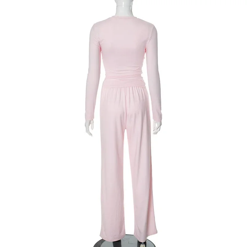 Lässiges, einfarbiges Rundhals-Langarm-Patchwork-Set, lässiges Basic-Western-Hosen-Set, Rundhalsausschnitt, langärmeliges Oberteil, modisches Spor