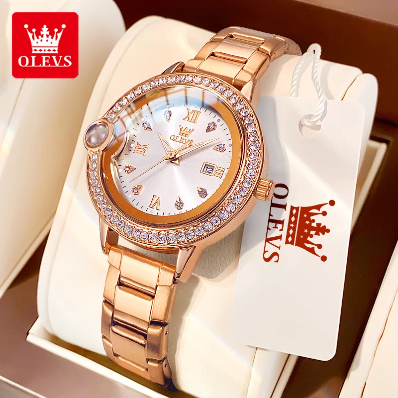 OLEVS 5588 럭셔리 여성용 시계, 우아한 방수 자동 날짜 다이아몬드 베젤, 스테인레스 스틸 스트랩, 오리지널 쿼츠 여성용 시계