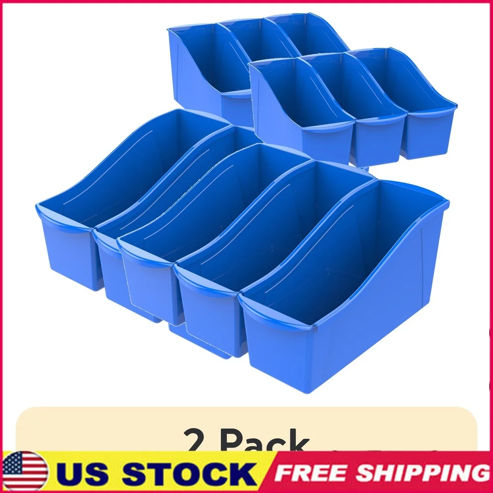 

Large Plastic Book Bin Kids Paper Storage 2 Pack Interlocking Bins with Handles Scrapbook Files and Magazines Easy Clean Up