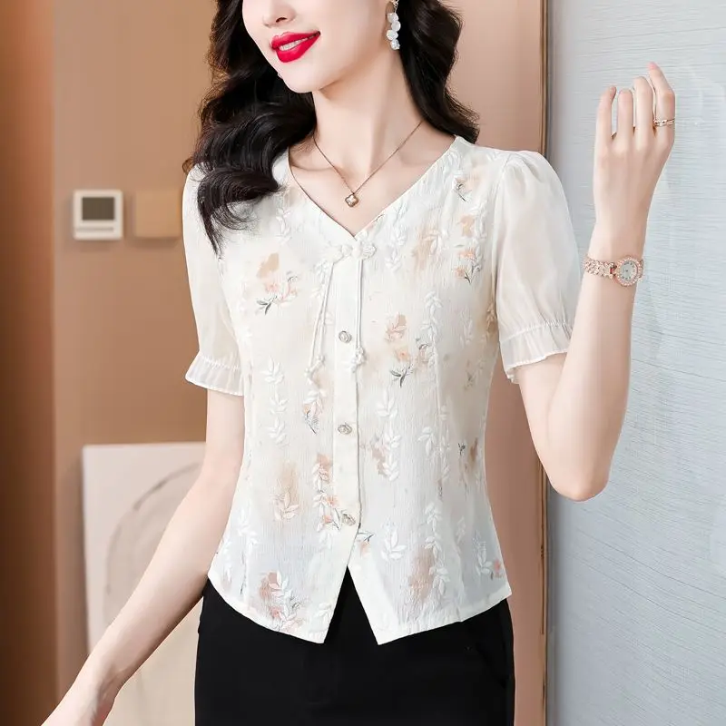 Women\'s Vintage Elegant Chinese Style Button Up Shirt Summer V Neck Short Sleeve Sweet Shirt Casual Commute Embroidery Slim Tops