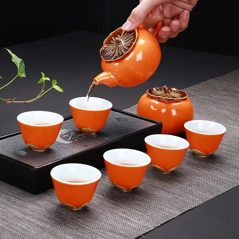 

Creative Persimmon Model Kung Fu Ceramic Tea Set Include 6 cups 1 tea pot,Red glaze Porcelain Exquisite Tea Cup drinkware