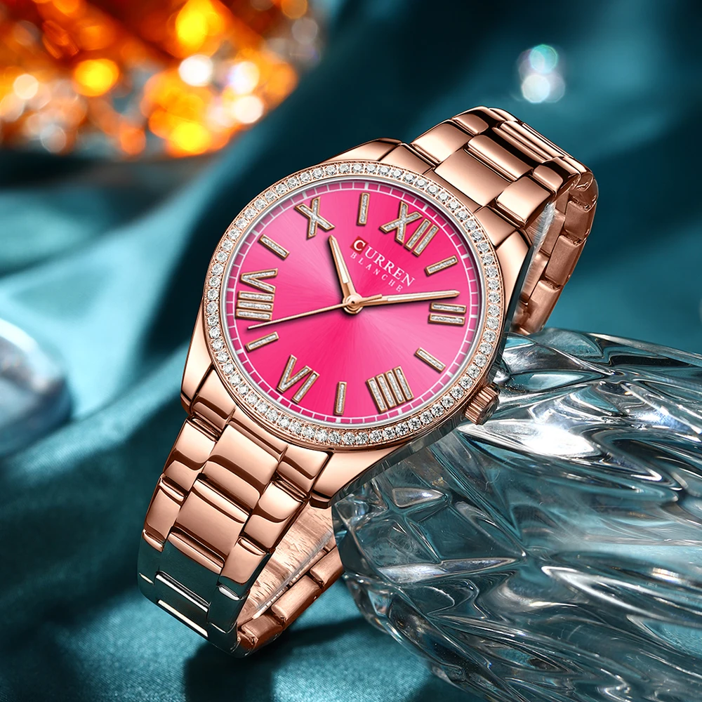 CURREN NEW Luxury Stainless Steel Wristwatches for Ladies Romantic Rose Pink with Rhinestones Roman Numeral Dial