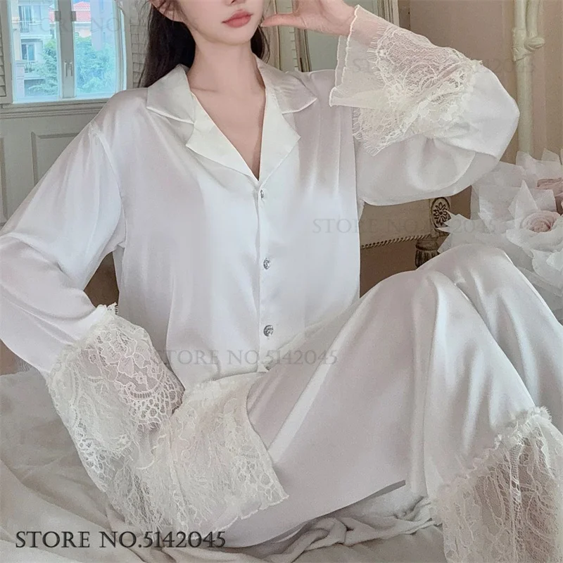 

Новый женский пижамный костюм, брюки, домашняя одежда, элегантная кружевная одежда во французском стиле, пижамный комплект с длинными рукавами, свободная домашняя одежда из ледяного шелка