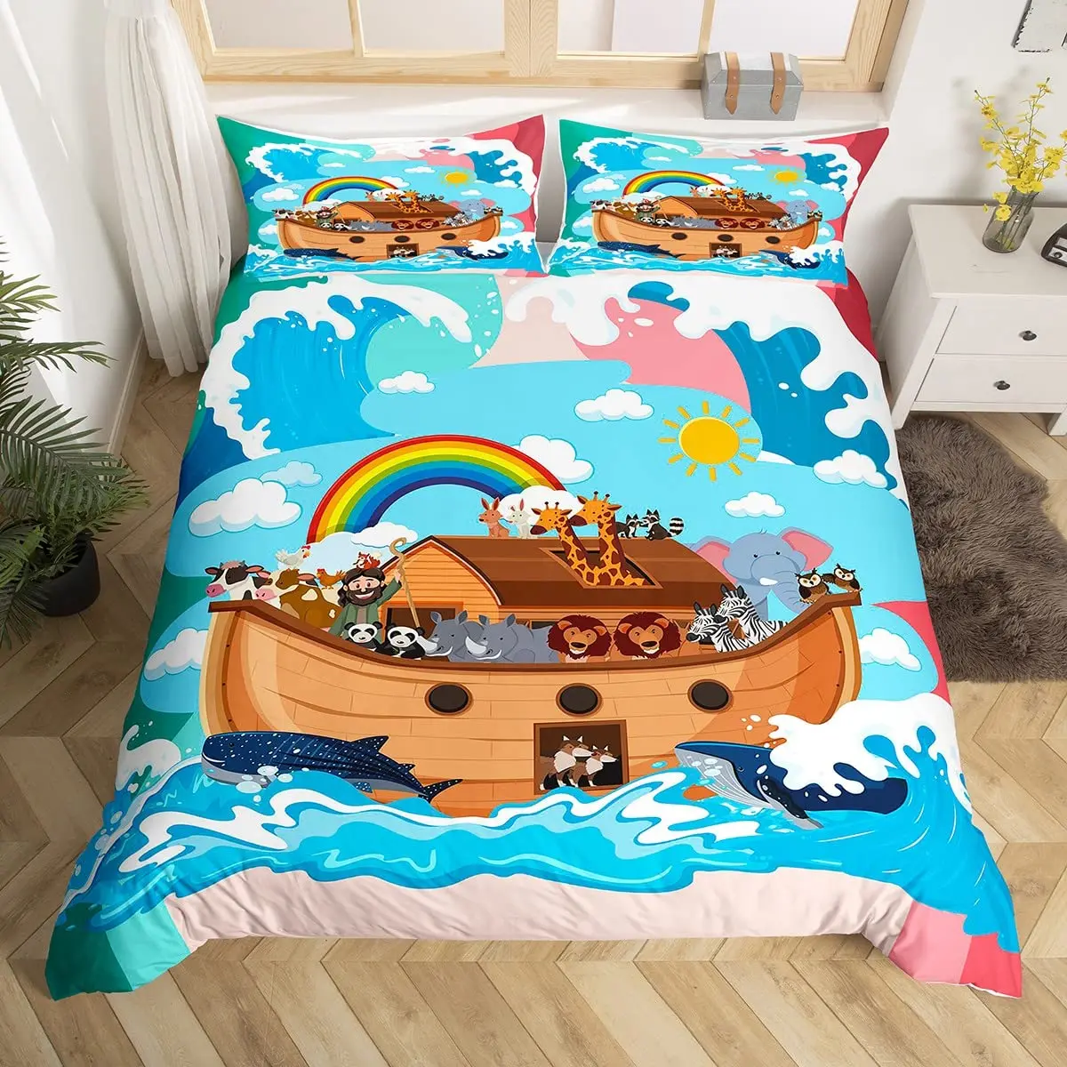 Circus Animals Nautical Bedding Set 3pcs for Kids Teens Adult Room Decor,Boat Wave Comforter Cover Quilt Cover with Pillowcases