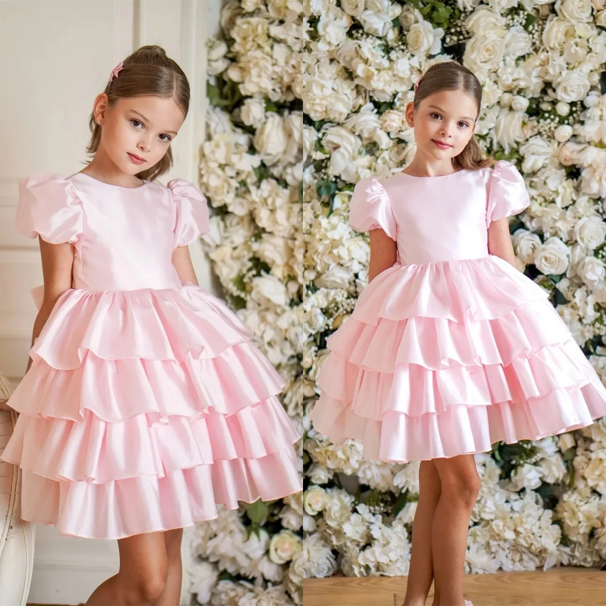 Pink Flower Girl Dresses for Wedding With Bow Layered Lovely Girl Birthday Gown for Photoshoot First Communion Gowns Customized