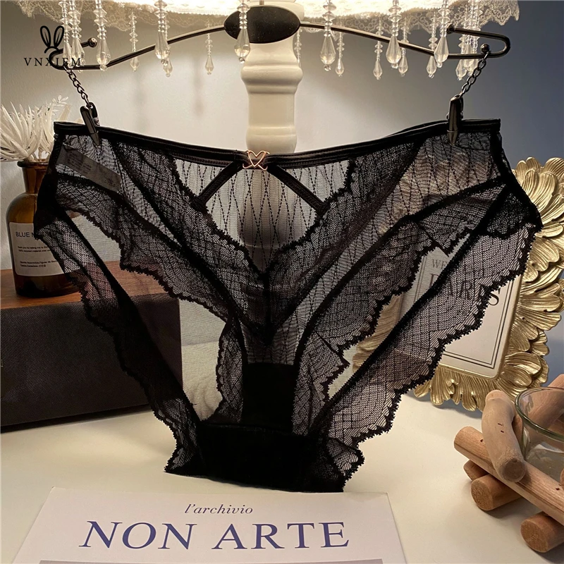 French Style Low Waist Thin Belt Hollow-out Rhombic Gauze Briefs Women's Love Wave Lace Briefs Thin Quick-drying Underwear 2024