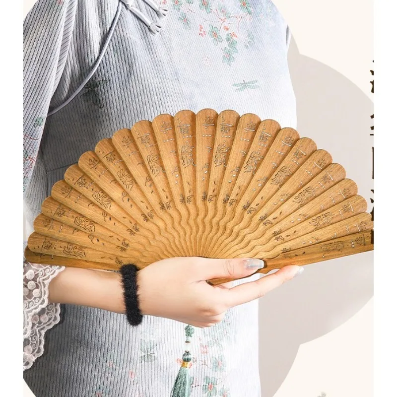 Vintage Hollow‑Carved Wooden Folding Fan Hand‑Carved Wood Fan Classical Craft Decor Gift