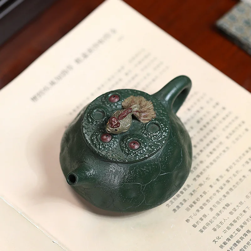 Handmade Yixing Purple Clay Pot Famous Ore Blackish Green Prosperous Stone Ladle Teapot Household Goldfish 240cc