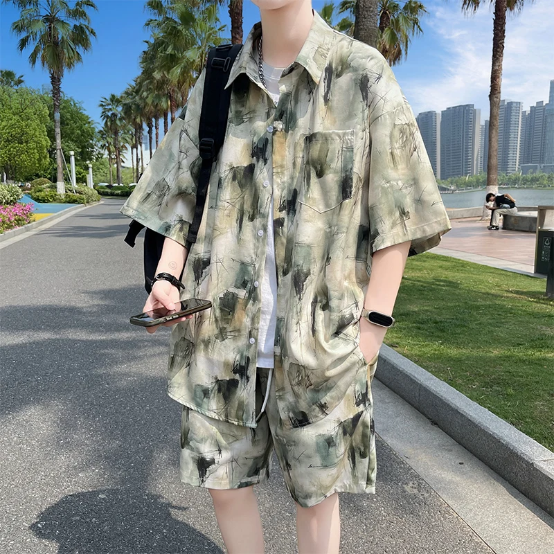 

Short Sleeves+Shorts 2026 Summer New Men'S Fashion Beach Printing Loose Comfortable Breathable Casual Shirt two piece Set M-5XL