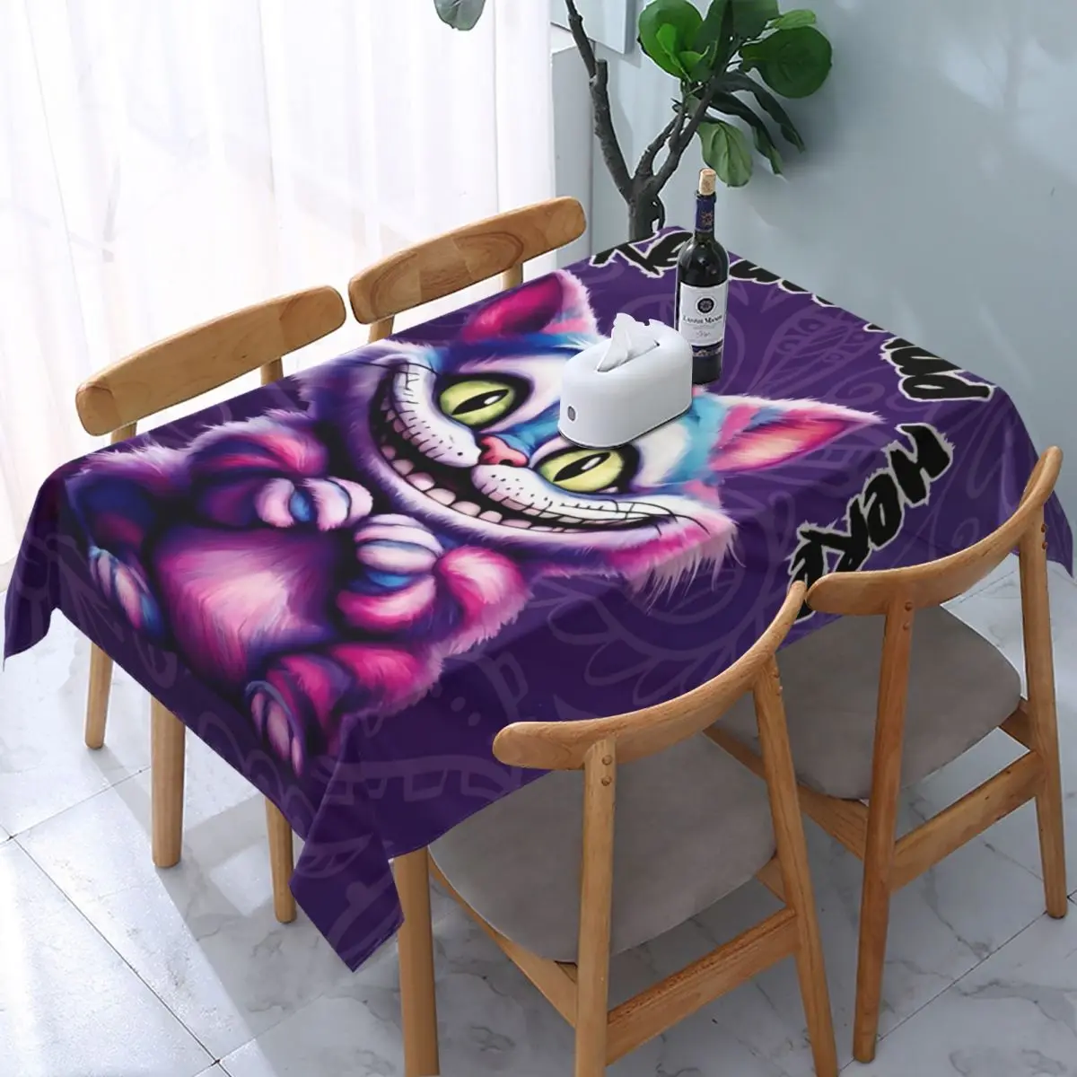 

Custom Rectangular Waterproof Disney Funny Cheshires Cat Table Cover Elastic Table Cloth Backed Edge Tablecloth for Dining