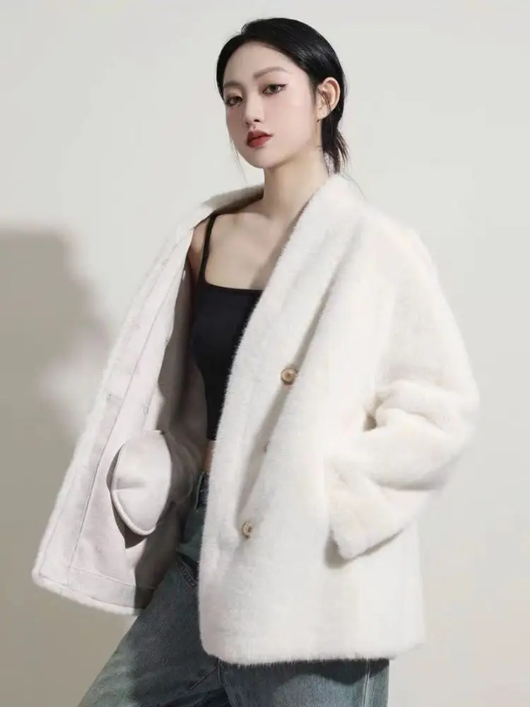 Luxury Women Mink Fur Coat V-neck Autumn Winter Imitation Fur Jacket Fur One Eco-friendly Chic Warm Trench Coat Snow Clothing